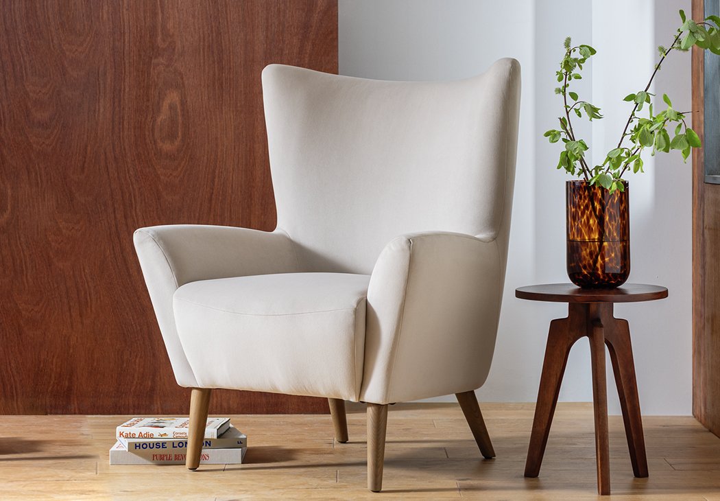 Habitat x Scion Esala armchair / Harlem wingback chair in ivory.